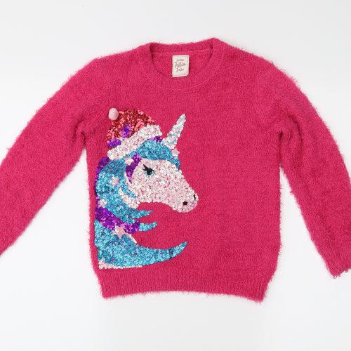 George Girls Pink  Knit Pullover Jumper Size 6-7 Years  - Christmas Unicorn