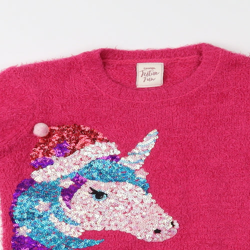 George Girls Pink  Knit Pullover Jumper Size 6-7 Years  - Christmas Unicorn