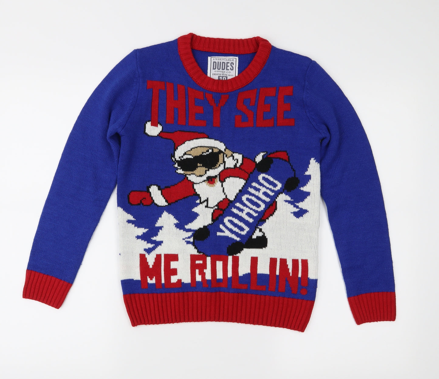 Matalan Boys Blue Fair Isle Knit Pullover Jumper Size 10 Years  - Santa Skateboard