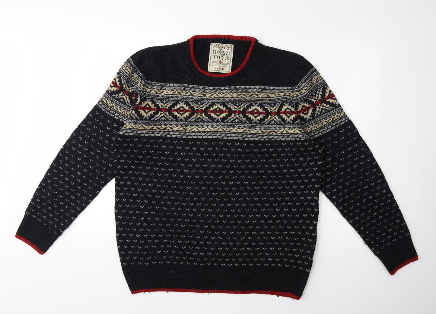 Easy Mens Black Striped Knit Pullover Jumper Size L