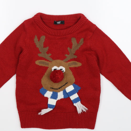 Cotton Traders Boys Red  Knit Pullover Jumper Size 3-4 Years  - Christmas