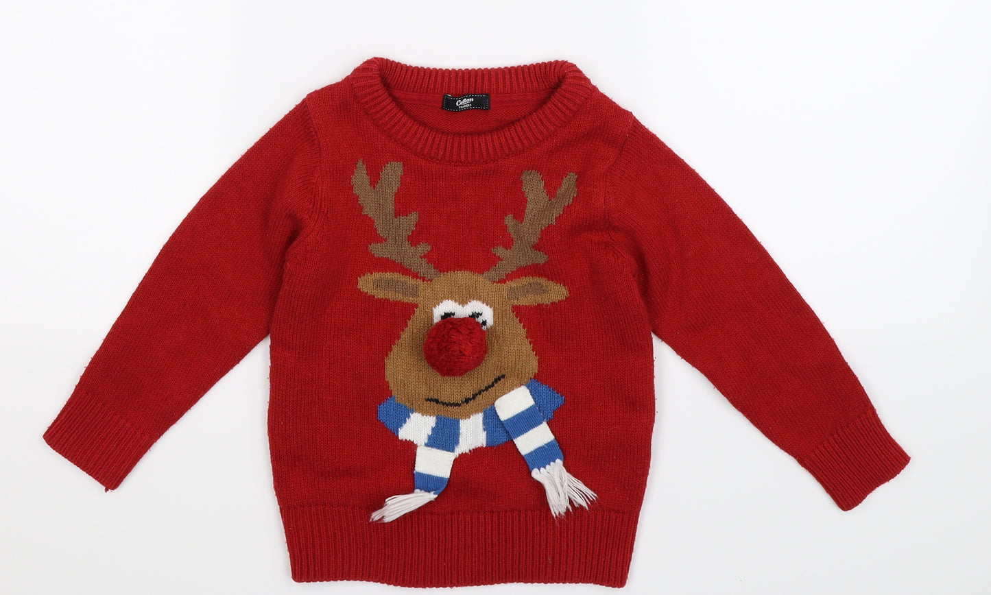 Cotton Traders Boys Red  Knit Pullover Jumper Size 3-4 Years  - Christmas