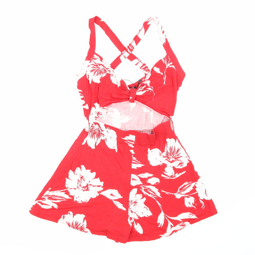Boohoo Womens Red Floral  Playsuit One-Piece Size 10
