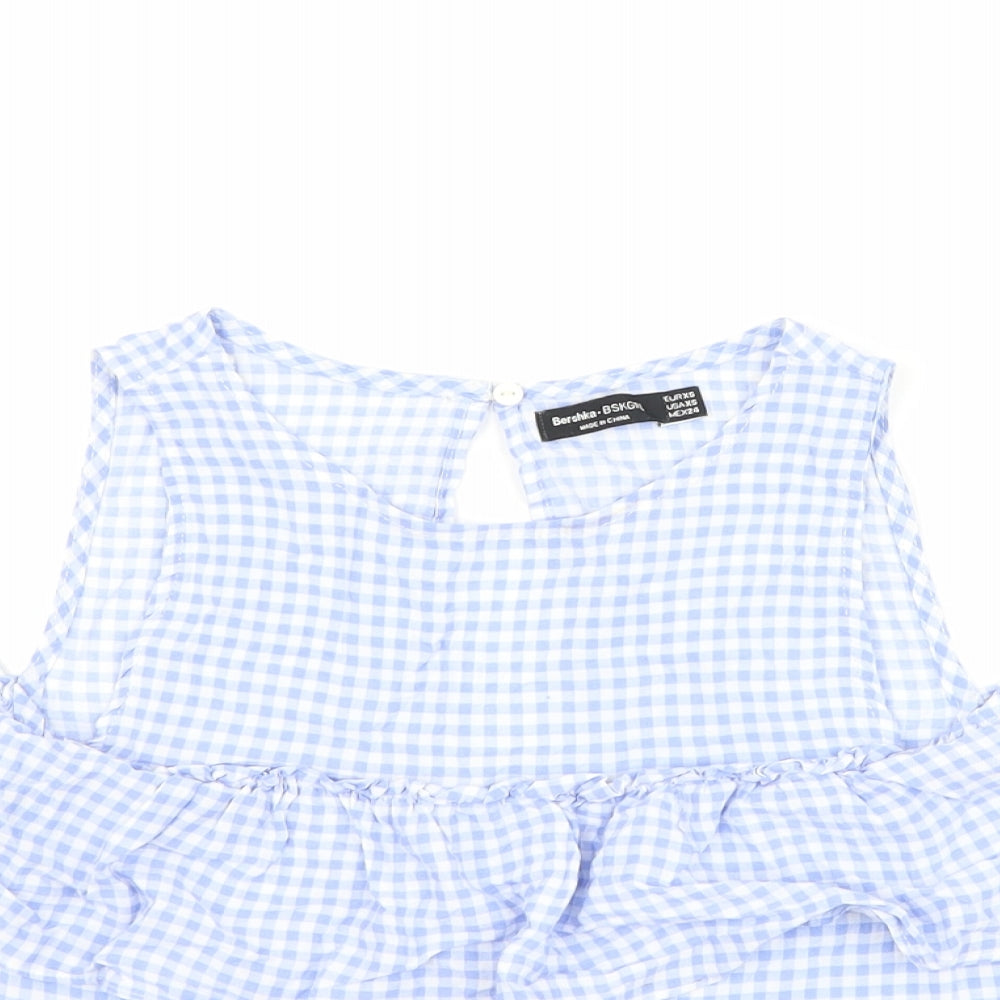 Berksha Womens Blue Check  Basic T-Shirt Size XS  - Cut Out Shoulder