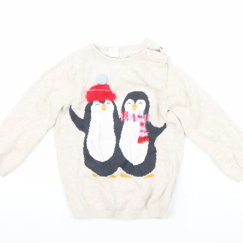 H&M Girls Beige   Pullover Jumper Size 2 Years  - penguin