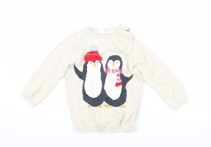 H&M Girls Beige   Pullover Jumper Size 2 Years  - penguin