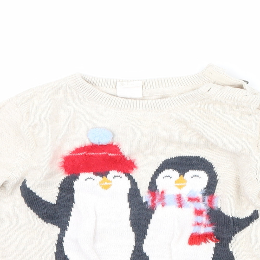 H&M Girls Beige   Pullover Jumper Size 2 Years  - penguin