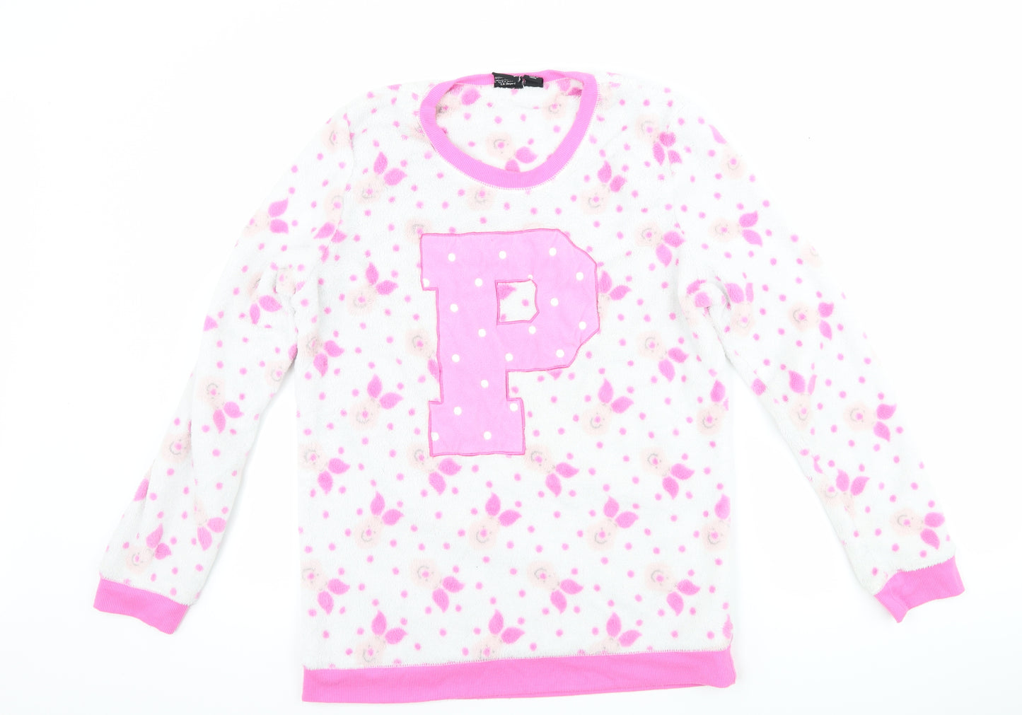 Primark Womens White Polka Dot Fleece Top Pyjama Top Size M  - Piglet