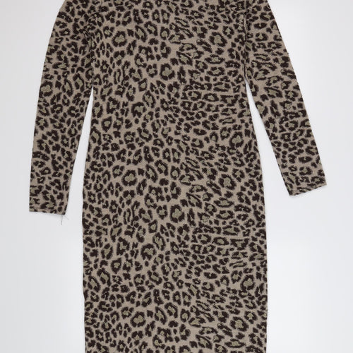H&M Womens Brown Animal Print Knit Jumper Dress  Size XS  - leopard print