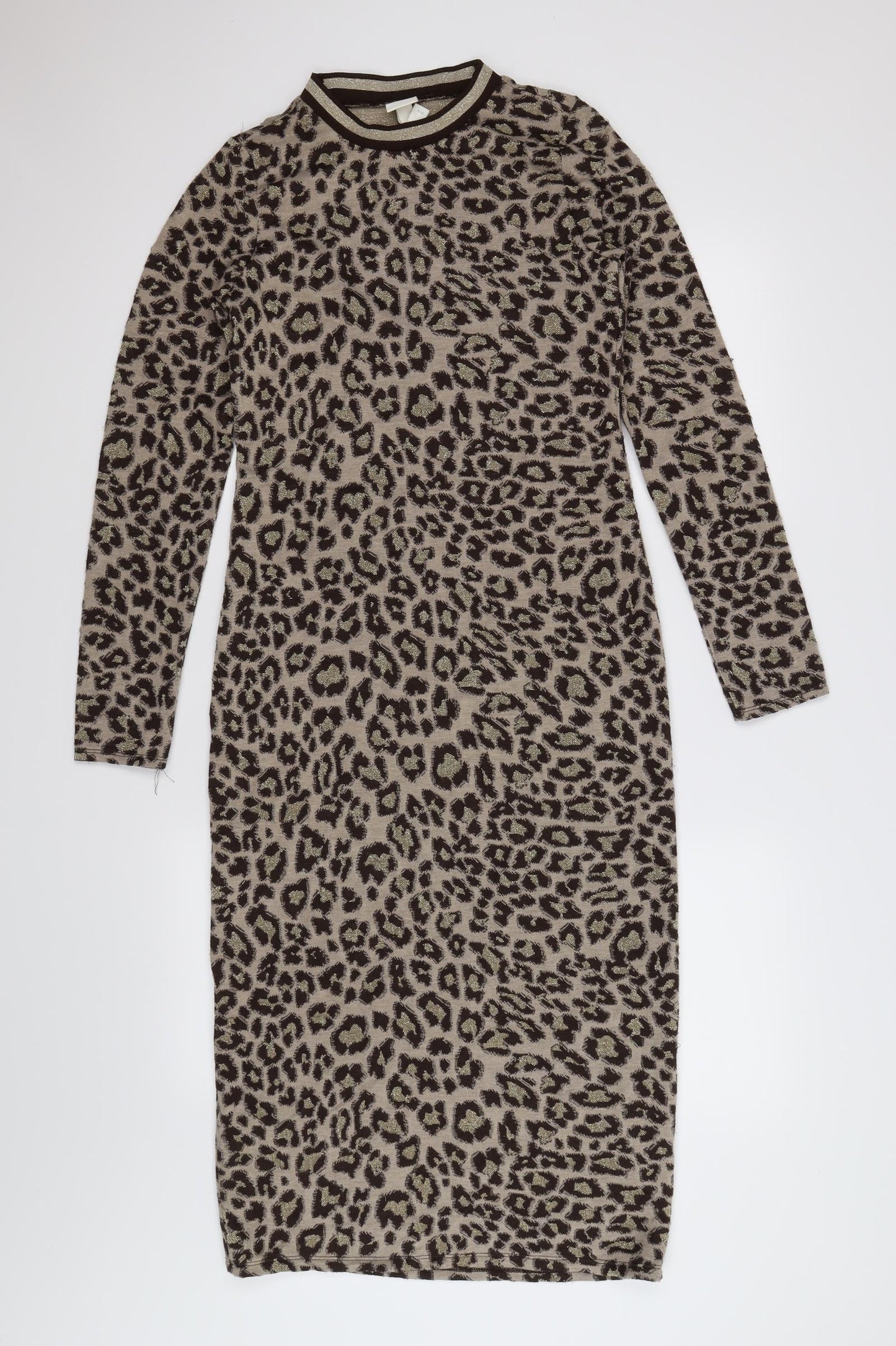 H&M Womens Brown Animal Print Knit Jumper Dress  Size XS  - leopard print