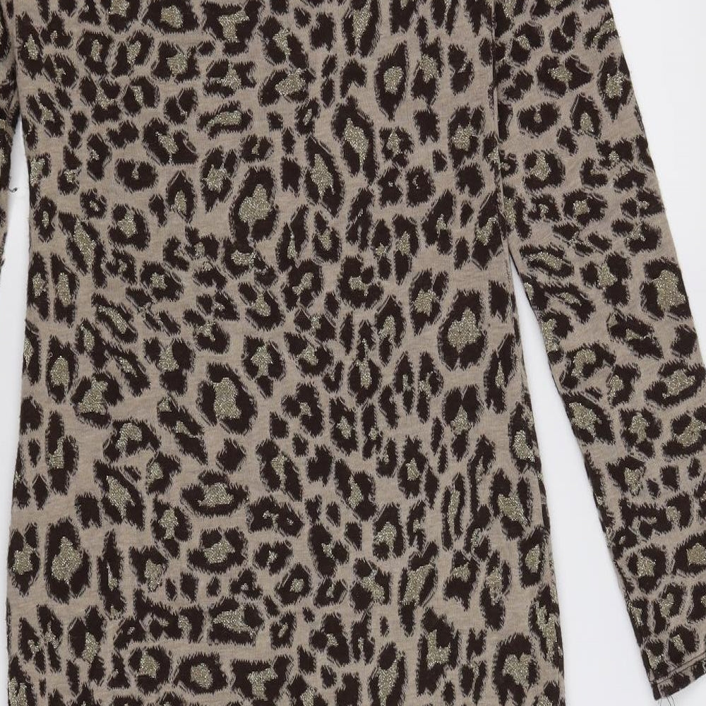 H&M Womens Brown Animal Print Knit Jumper Dress  Size XS  - leopard print