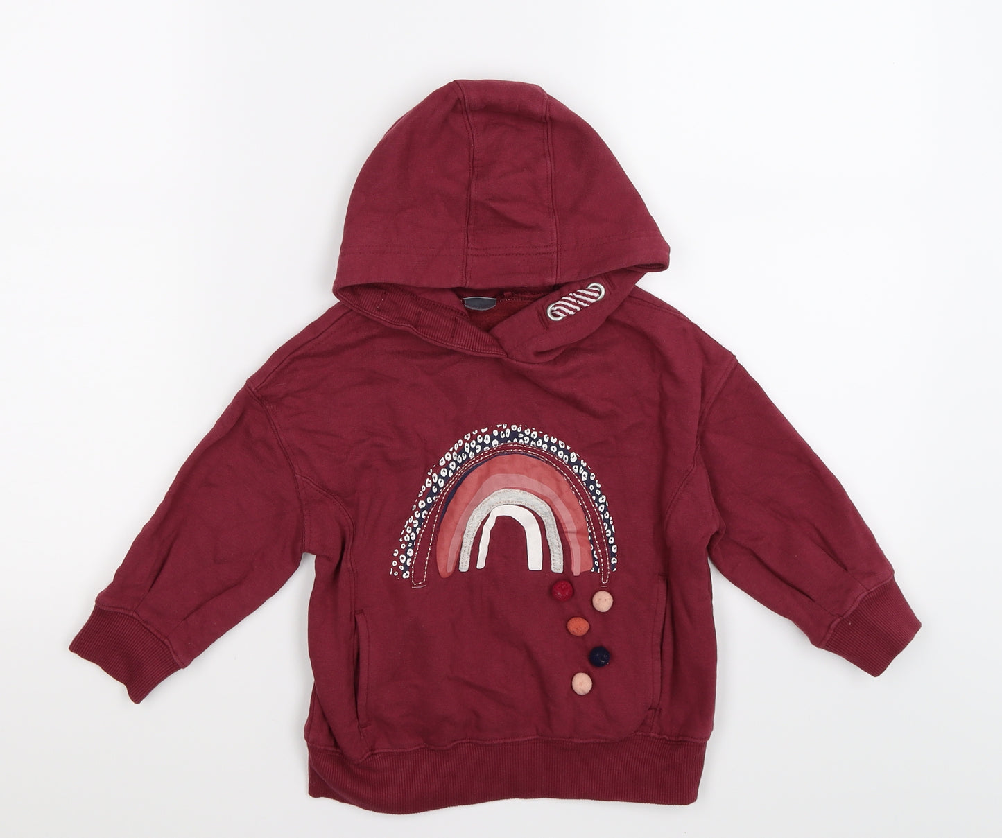 NEXT Girls Red  Jersey Pullover Hoodie Size 4 Years  - rainbow & pom pom