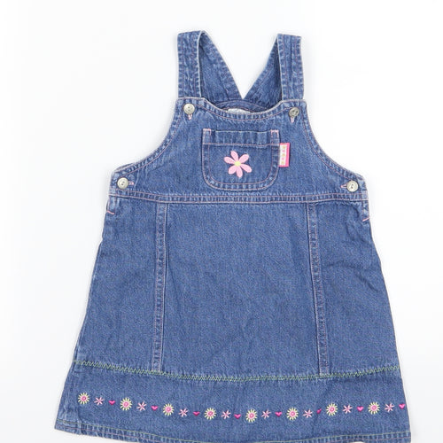 BHS Girls Blue Floral Denim Pinafore/Dungaree Dress  Size 12-18 Months