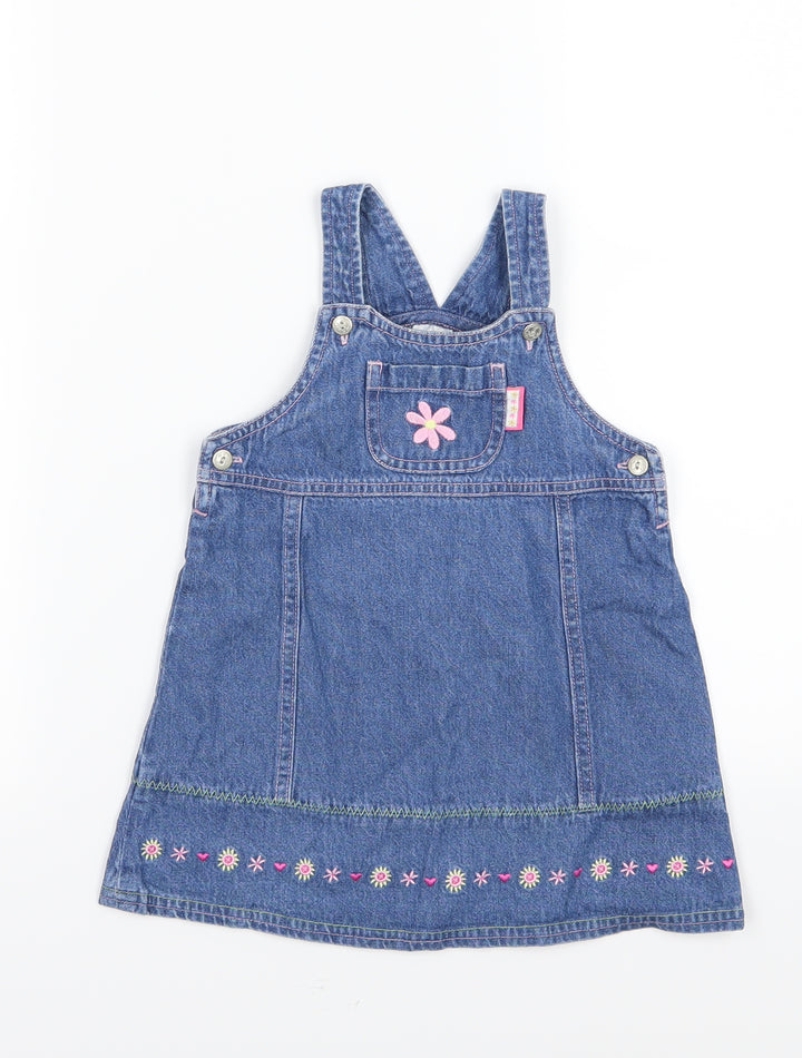 BHS Girls Blue Floral Denim Pinafore/Dungaree Dress Size 12-18 Months