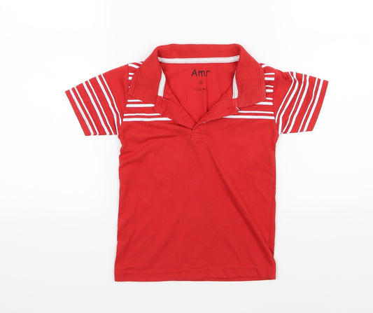 Front view of Amr boys’ red striped jersey basic polo, size S
