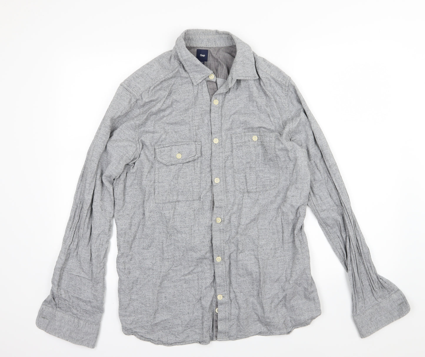 Gap Mens Grey Herringbone Woven  Button-Up Size M