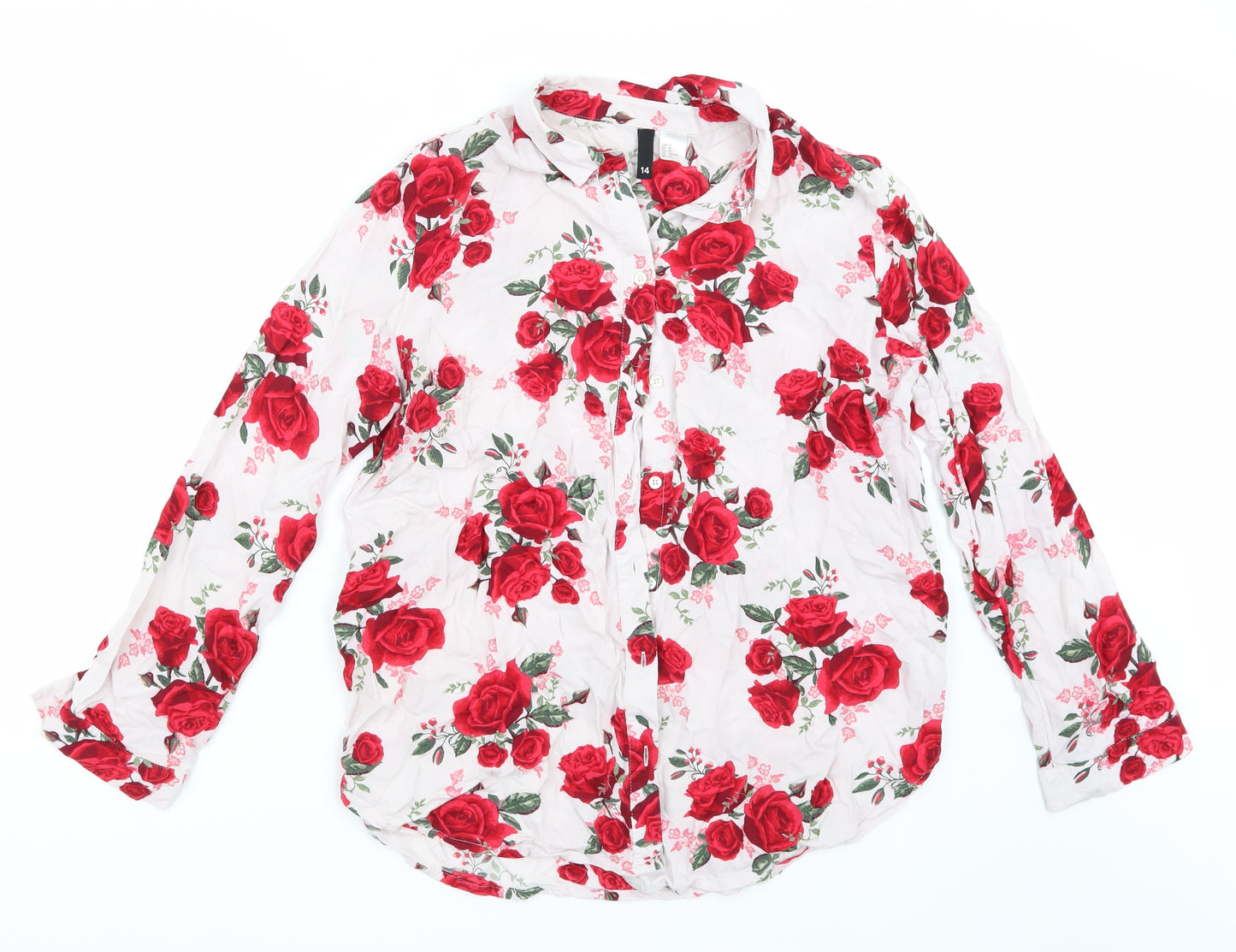 H&M Womens White Floral  Basic Button-Up Size 14