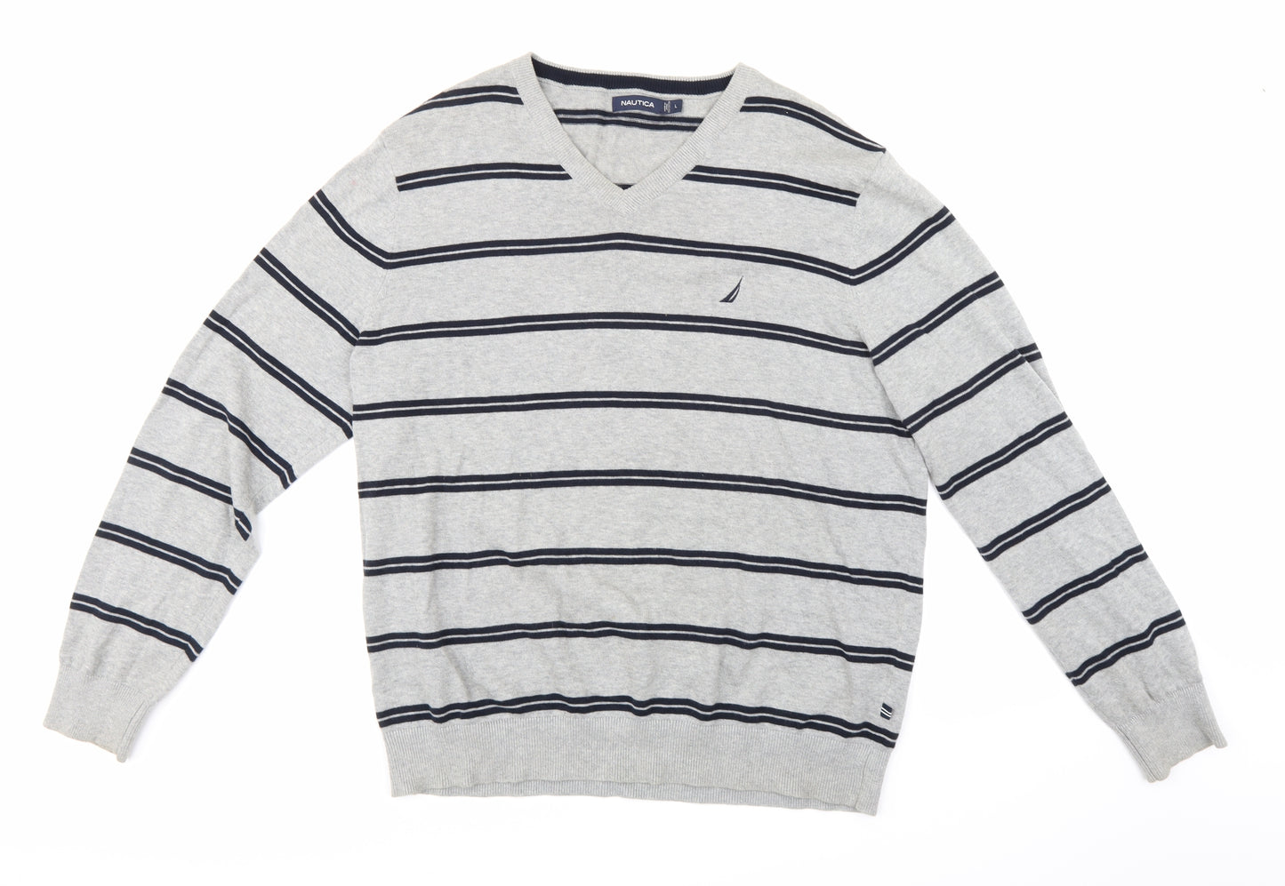 Nautica Mens Grey Striped Knit Pullover Jumper Size L