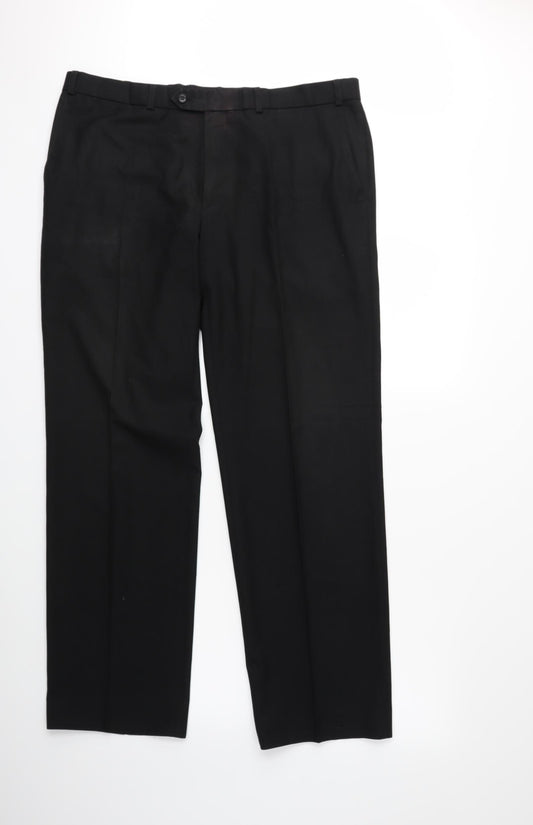 Front view of Preworn men’s black trousers, size 38, in, 30-inch leg