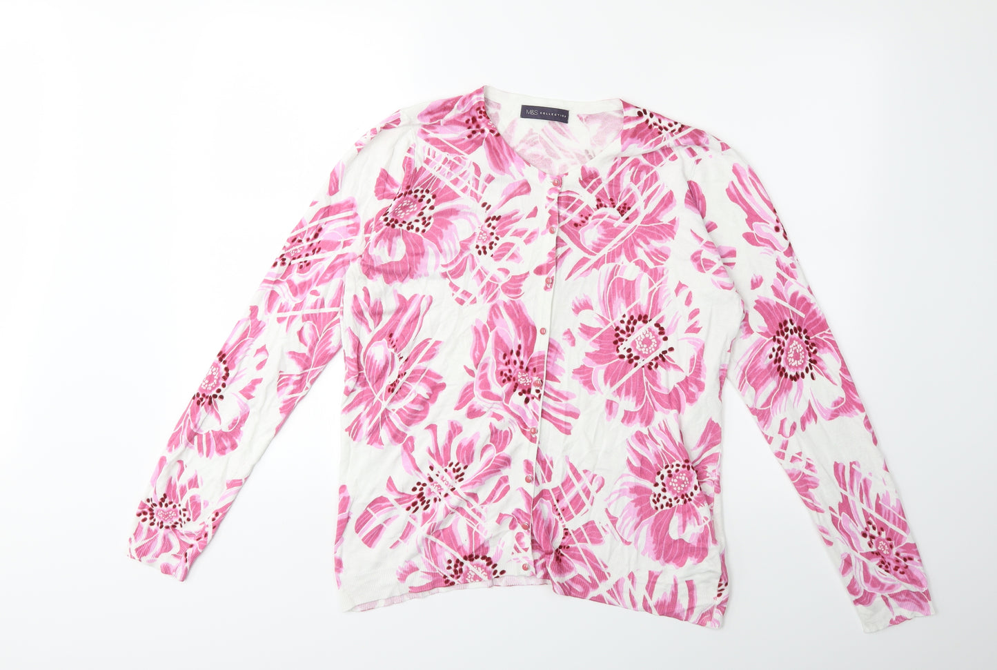 Marks and Spencer Womens White Floral Knit Cardigan Jumper Size 14