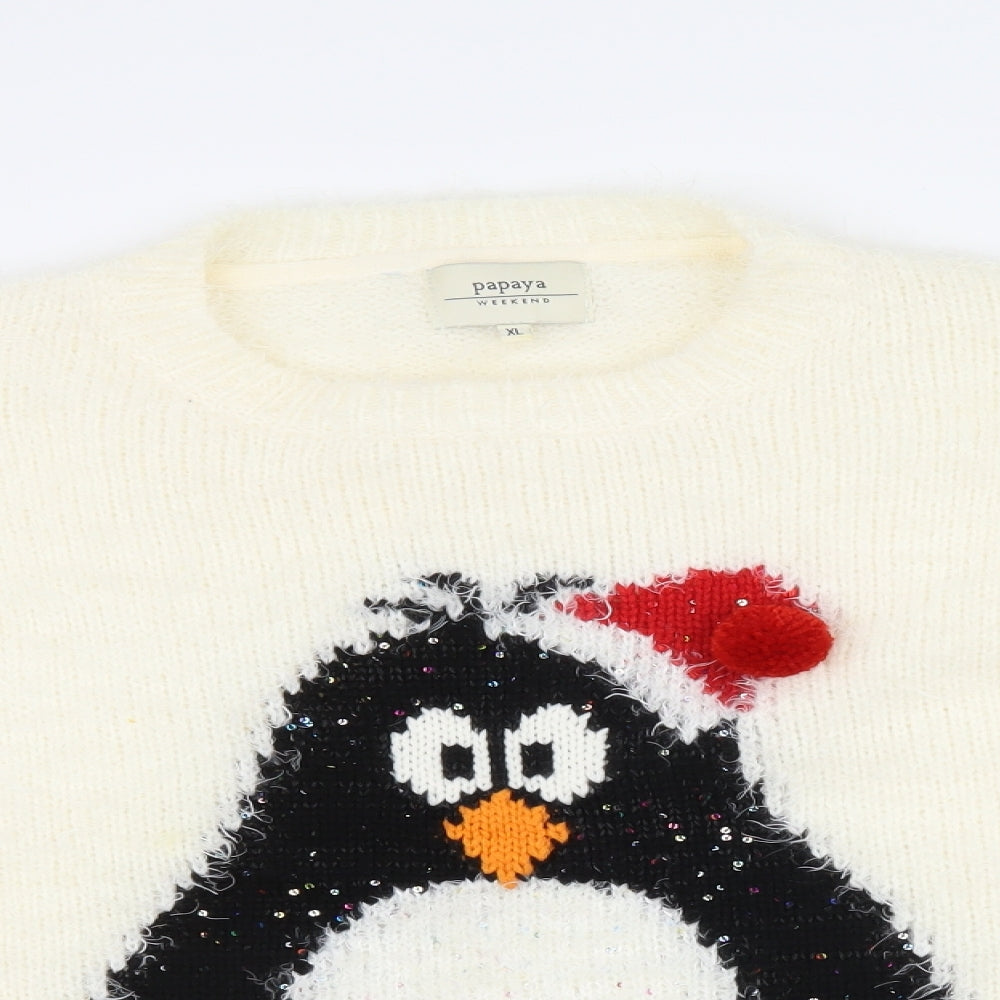Papaya Womens White   Pullover Jumper Size XL  - Christmas Penguin