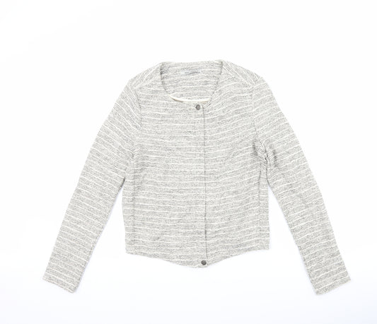 Front view of NEXT women’s beige striped jacket, size UK 10