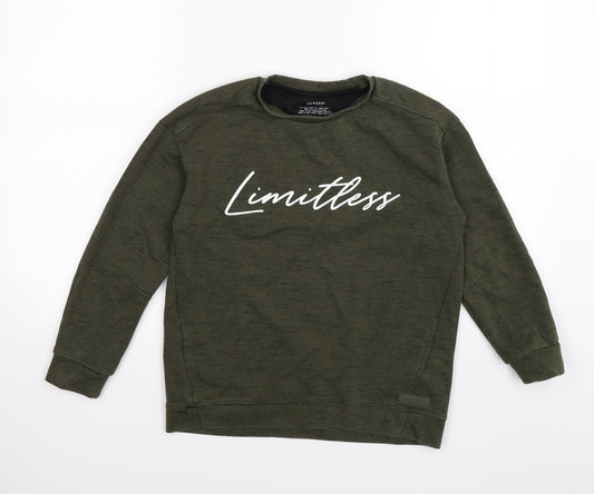 Front view of Primark boys’ green jersey pullover sweatshirt, size 10-11, years - limitless