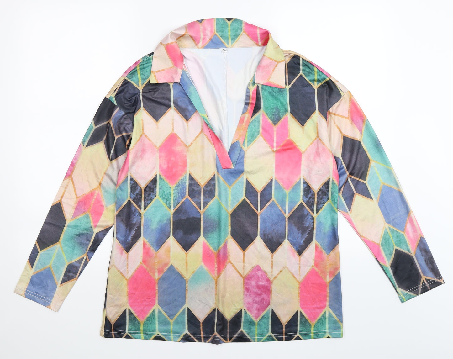 Preworn Womens Multicoloured Geometric Satin Basic Blouse Size M