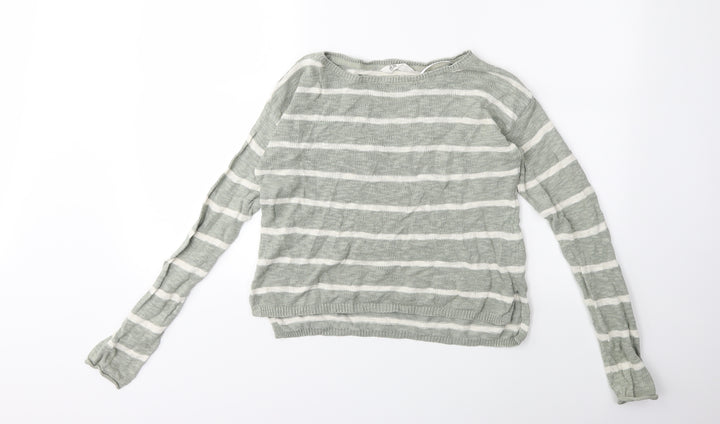 H&M Girls Green Striped Knit Pullover Jumper Size 11-12 Years
