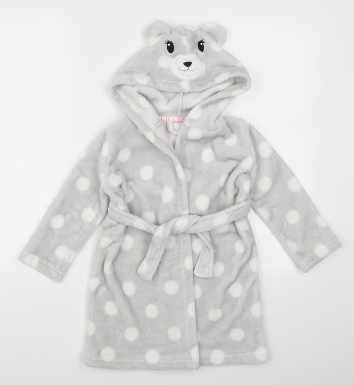 Dream Lounge Girls Grey Polka Dot Kimono Robe Size 3-4 Years - Bear Hood