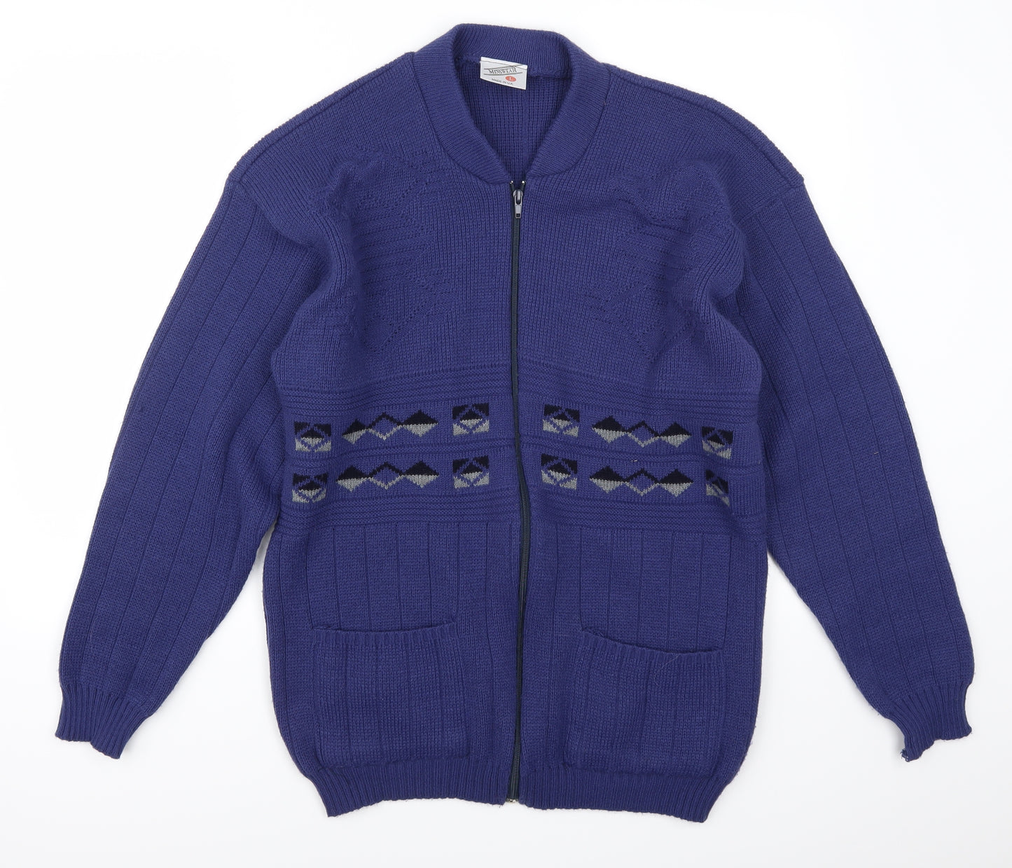 Preworn Mens Blue Geometric  Cardigan Jumper Size L
