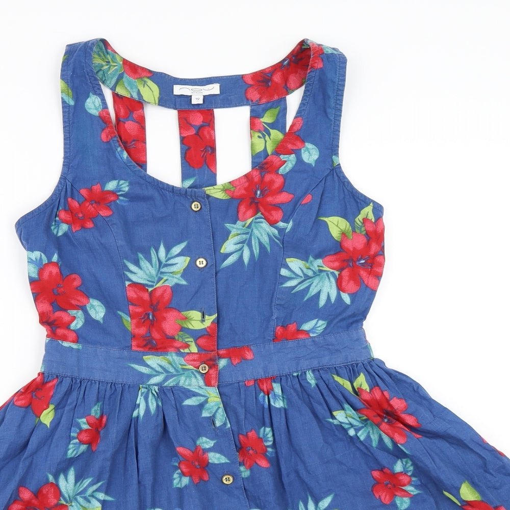 New Look Womens Blue Floral  Skater Dress  Size 10