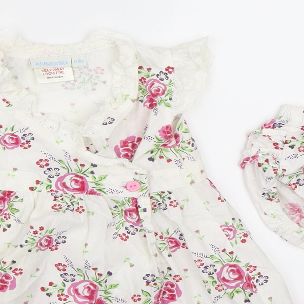 JoJo Maman Bébé Girls Ivory Floral  Skater Dress  Size 12-18 Months
