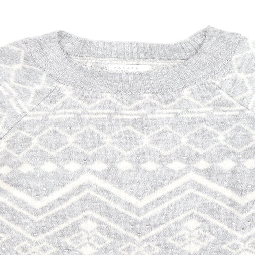 Papaya Womens Grey Geometric Knit Pullover Jumper Size S