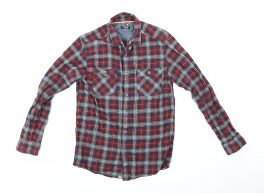 Front view of Boston Crew men’s blue check button-up, size S