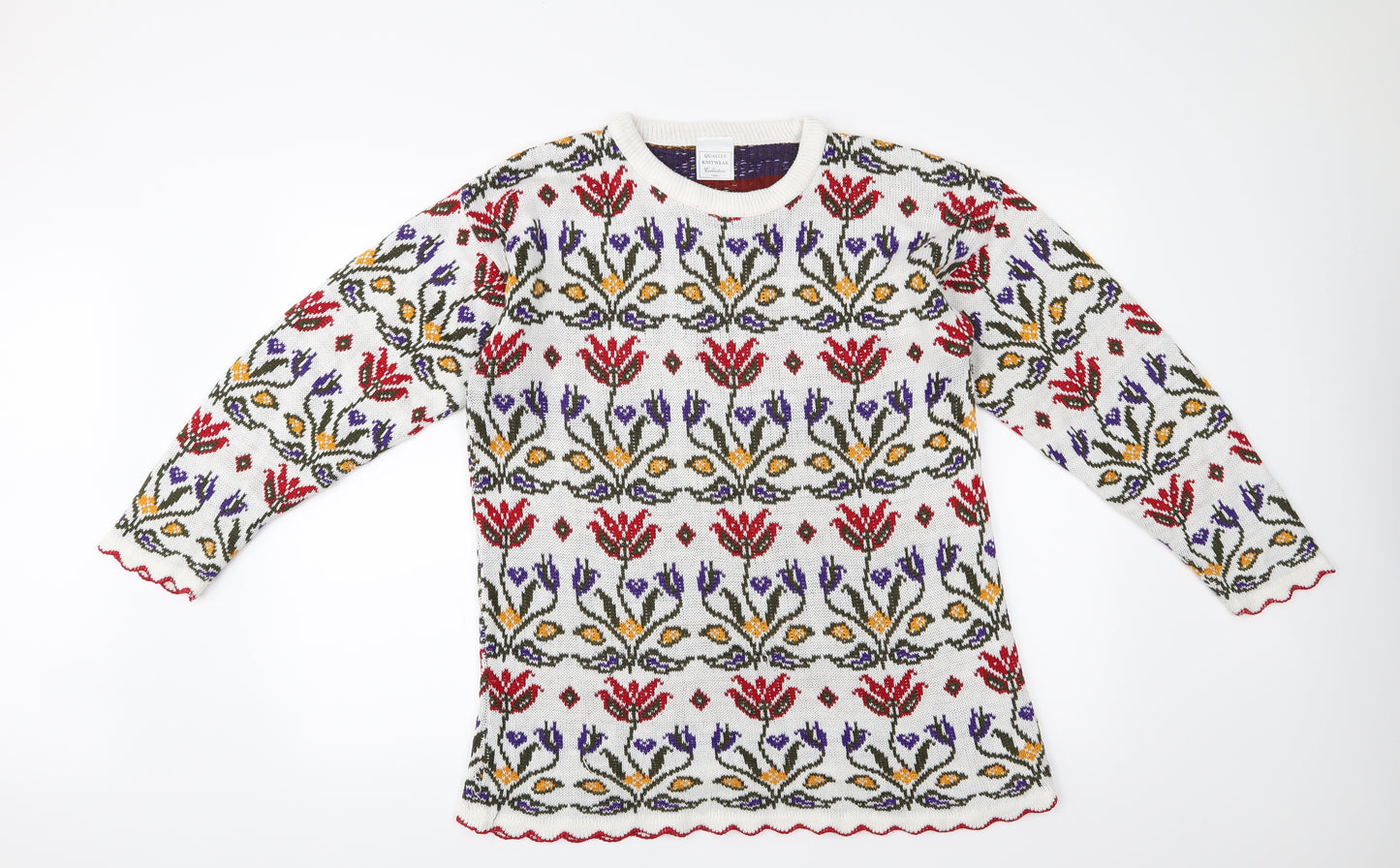 quality knitwear collection Womens White Floral  Pullover Jumper Size M