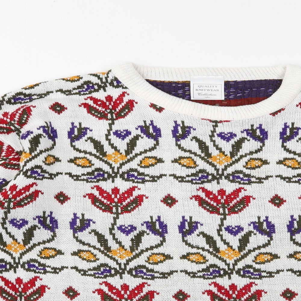 quality knitwear collection Womens White Floral  Pullover Jumper Size M