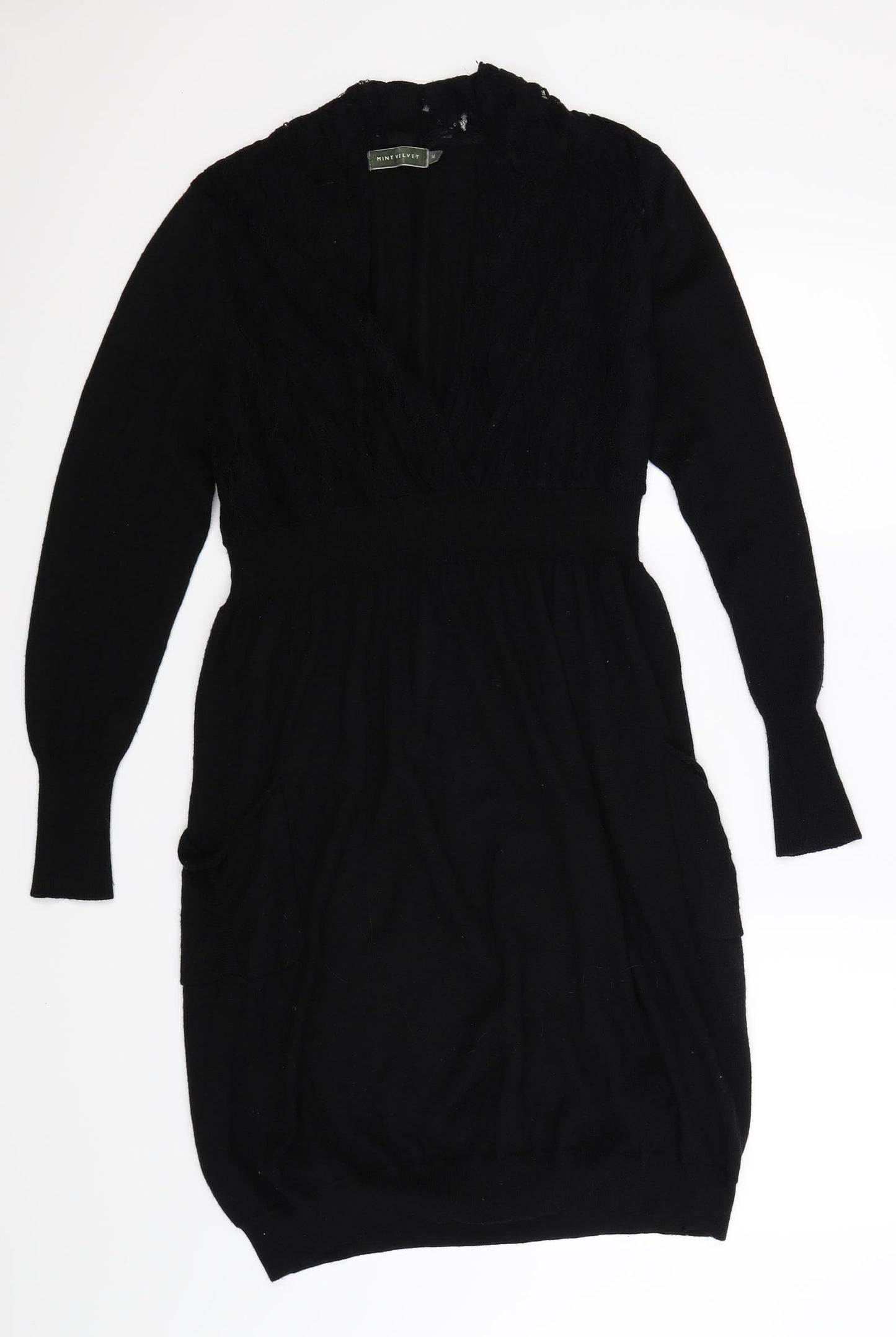 Mint Velvet Womens Black Floral Knit Jumper Dress  Size 14  - lace body