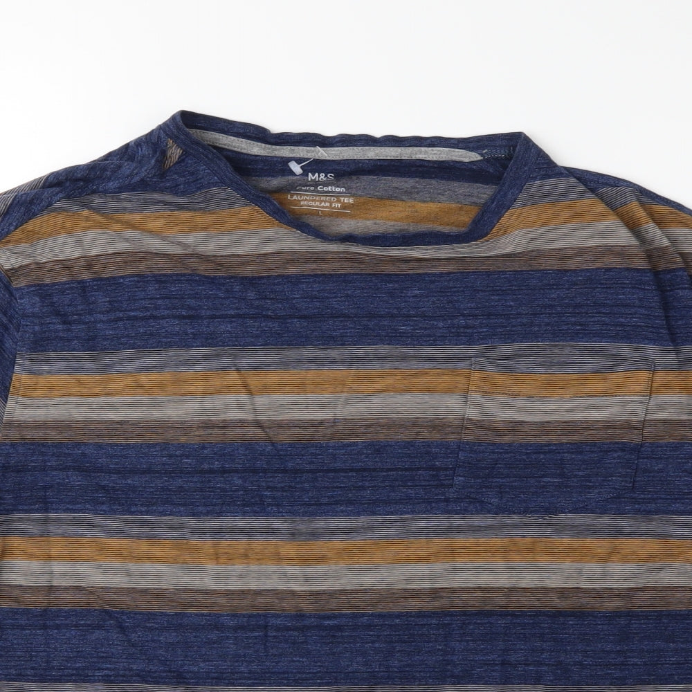 Marks and Spencer Mens Blue Striped   T-Shirt Size L