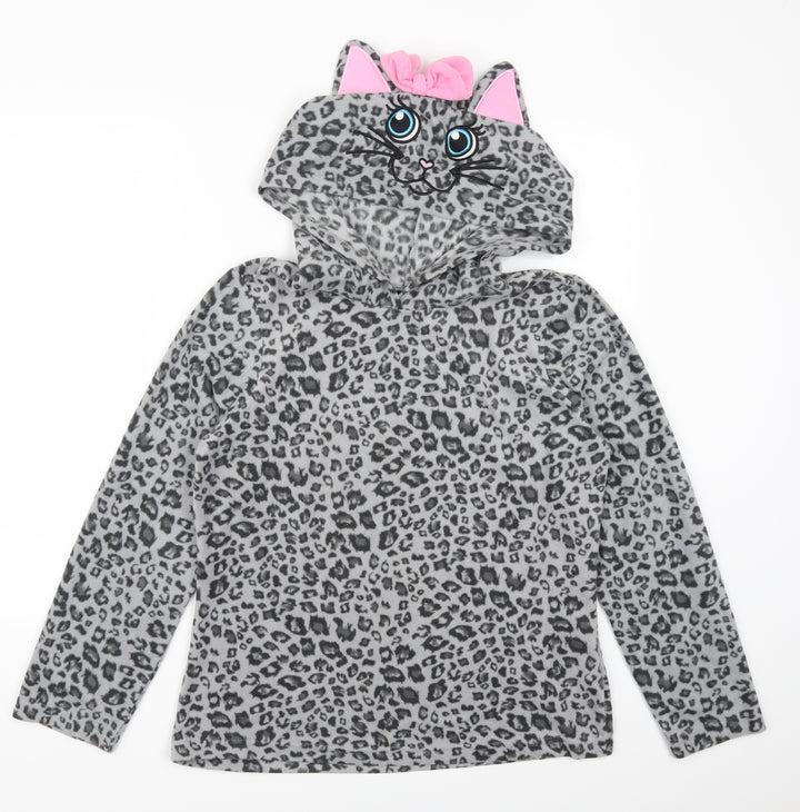 George Girls Grey Animal Print Top Pyjama Top Size 12 Years - Cat Hood