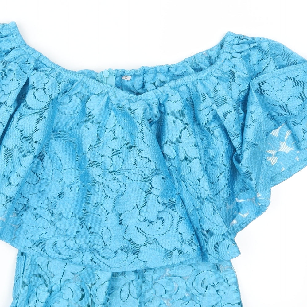 Preworn Womens Blue Floral Lace Basic T-Shirt Size S  - Body Suit