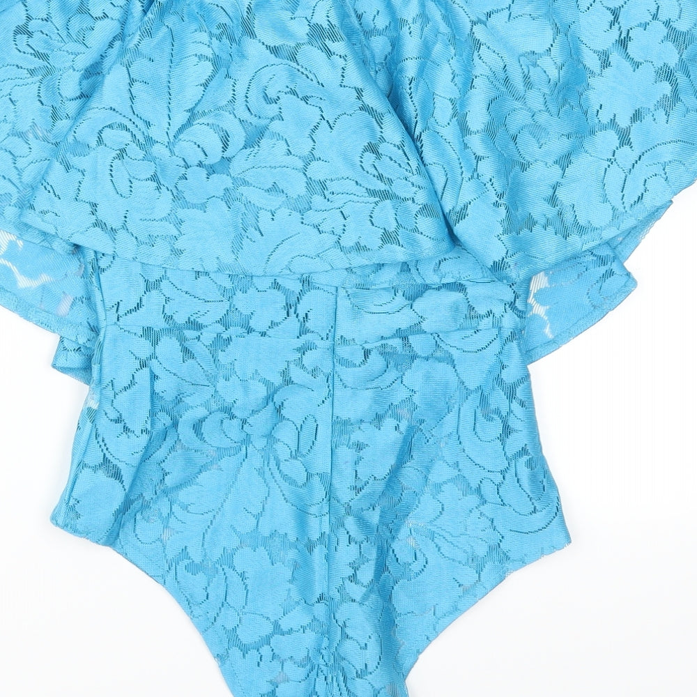 Preworn Womens Blue Floral Lace Basic T-Shirt Size S  - Body Suit