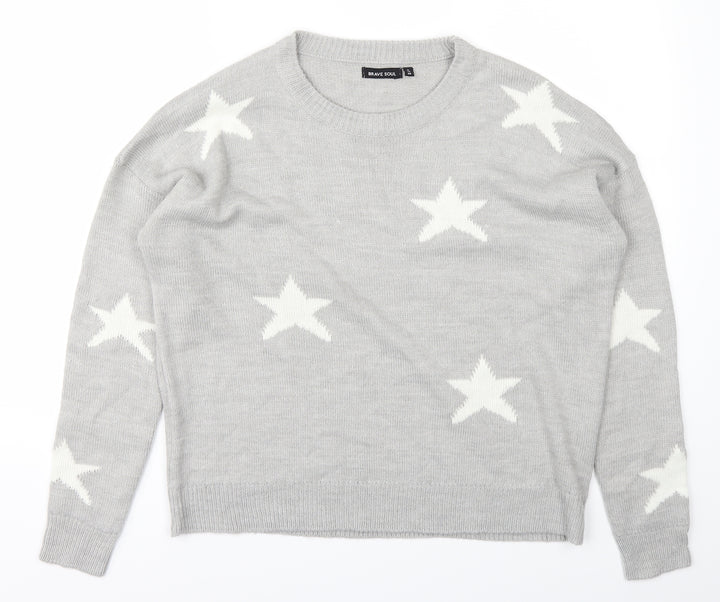 Brave Soul Womens Grey Knit Pullover Jumper Size 12 - Stars