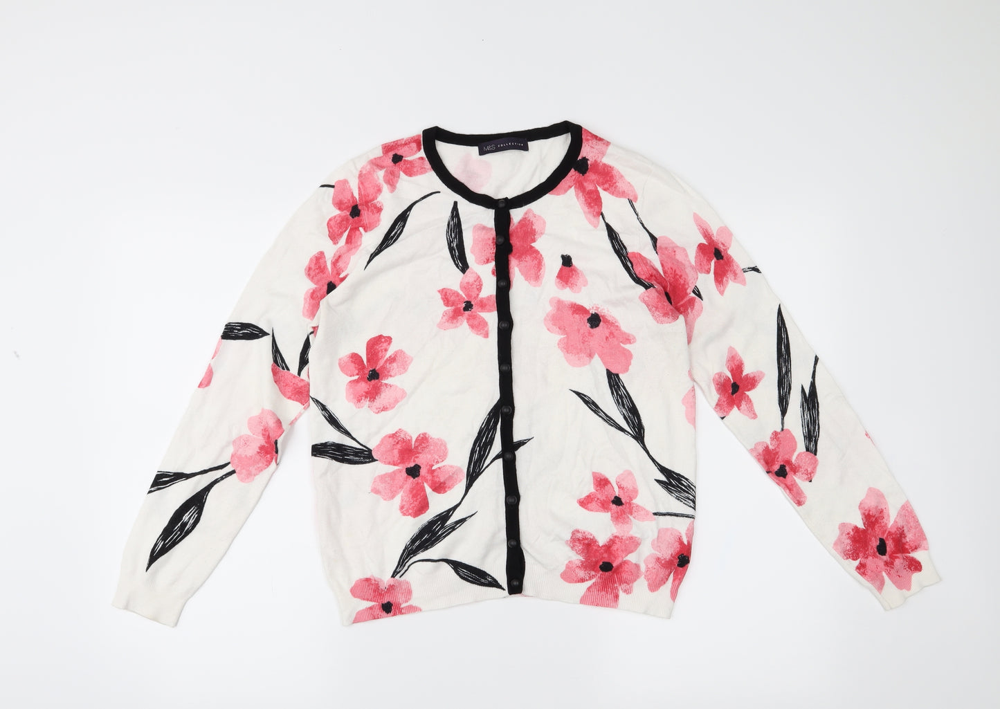 M&S Womens White Floral  Cardigan Jumper Size 14