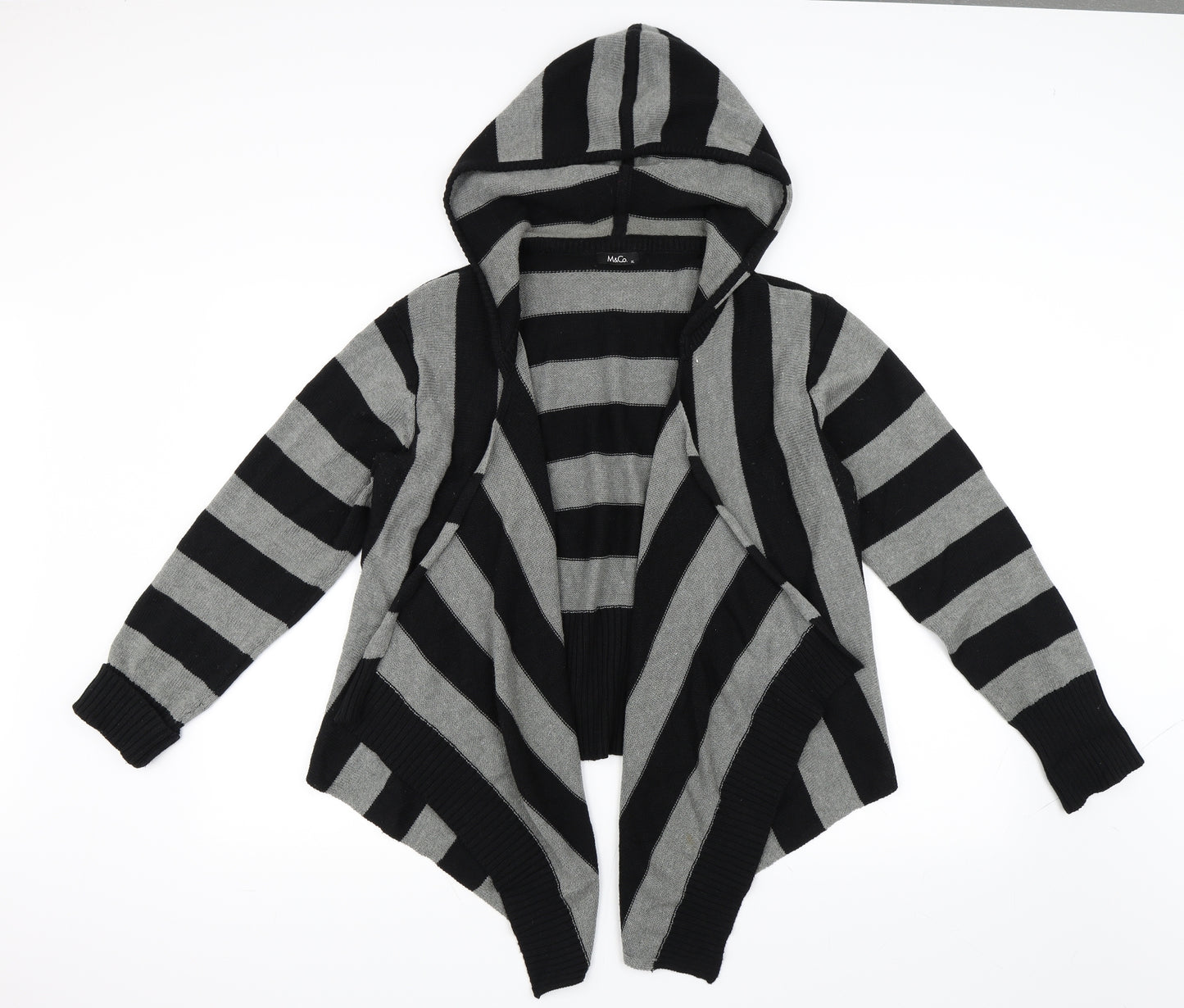 M&Co Womens Black Striped  Cardigan Jumper Size XL  - Hooded