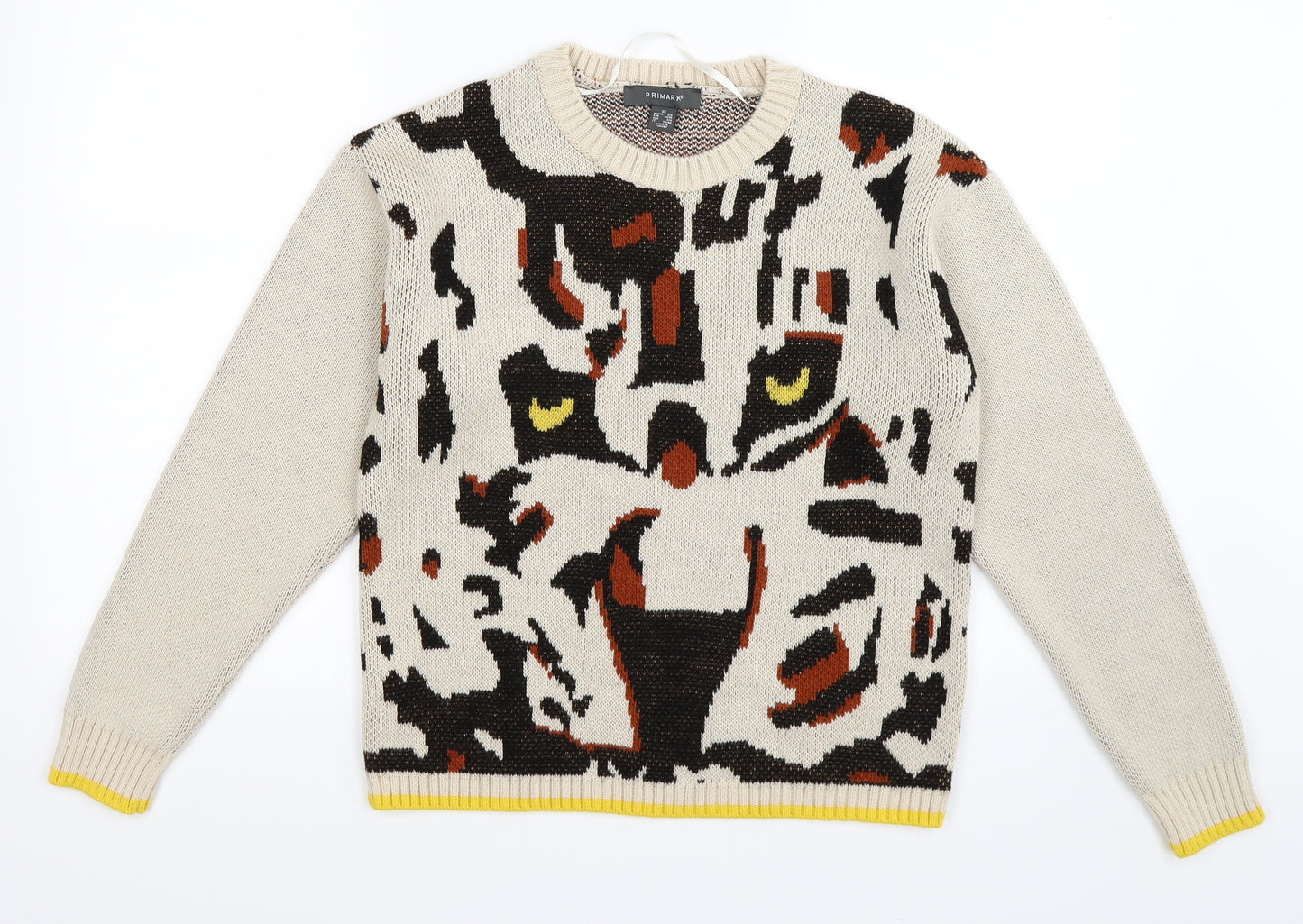 Primark Womens Beige Animal Print Knit Pullover Jumper Size XS  - TIGER