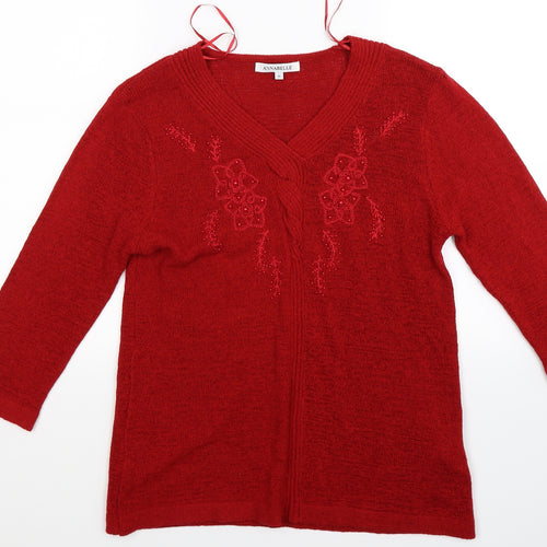 Annabelle Womens Red Floral Knit Pullover Jumper Size M