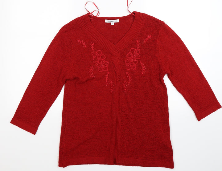 Annabelle Womens Red Floral Knit Pullover Jumper Size M