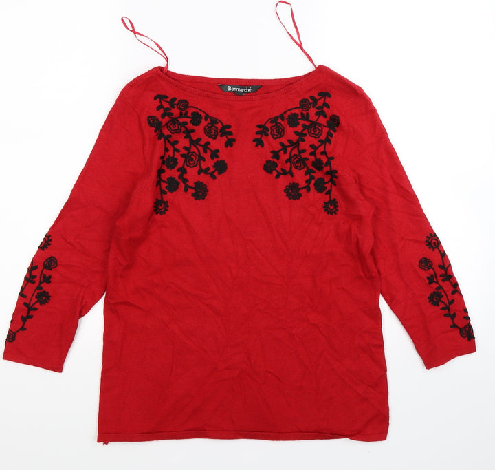 Bonmarché Womens Red Floral Knit Pullover Jumper Size 8