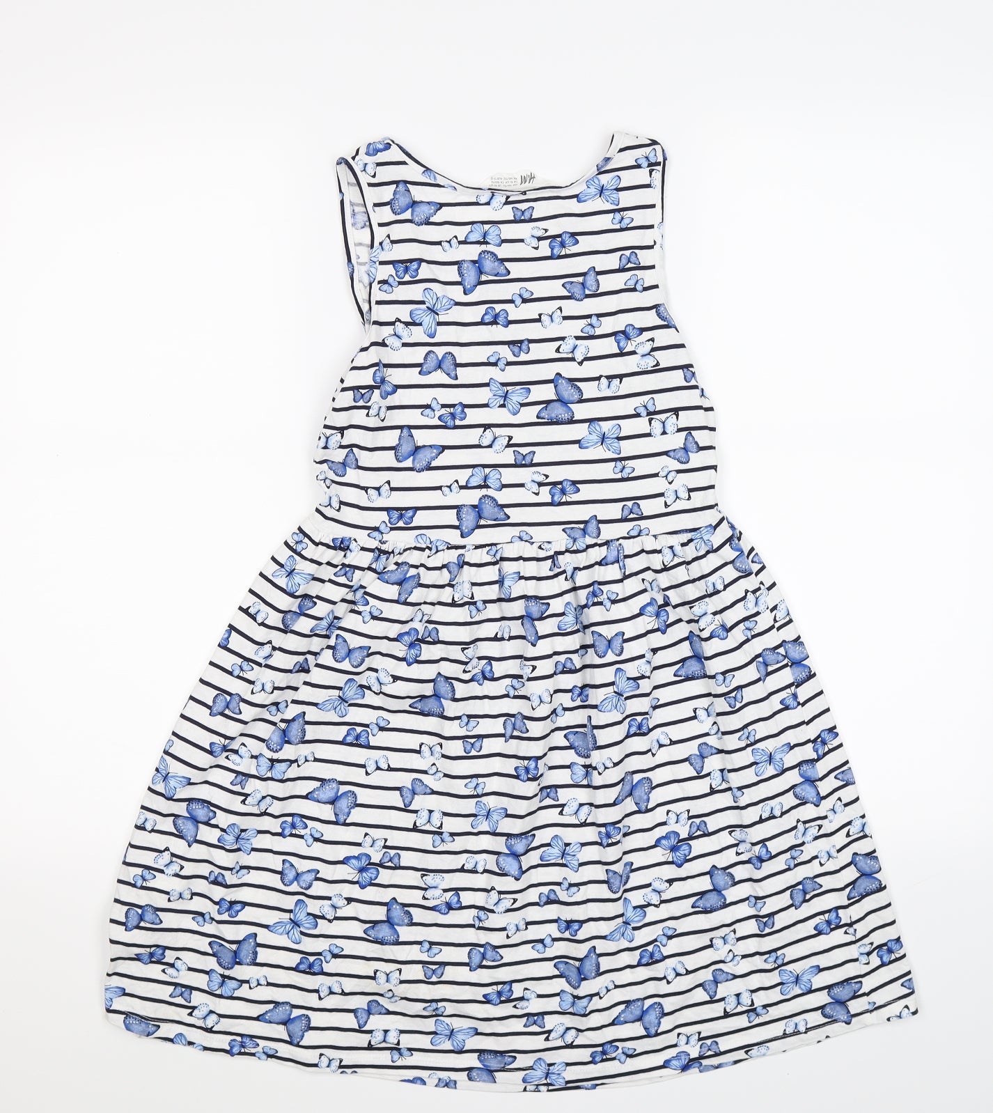 H&M Girls Blue Striped  T-Shirt Dress  Size 10-11 Years  - butterflies